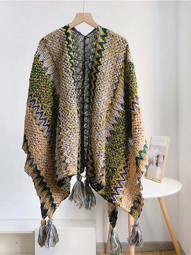 Women Autumn Winter New Colorful Thick Ponchos Knitted Ladies Cloak Warm Fashion Scarves & Wraps Holiday Travel Ethnic Covers for Women