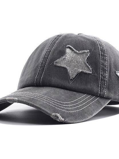 Men Washed Cotton Baseball Cap Glitter Star Embroidery Vintage Distressed Messy High Bun Ponytail Hole Trucker Hat Adjustable Sun Hat for Women