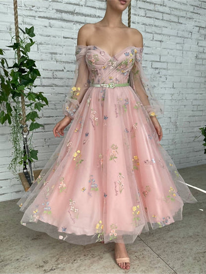 A-Line Prom Dresses Floral Dress Wedding Guest Ankle Length Long Sleeve Off Shoulder Lace with Embroidery Appliques 2023