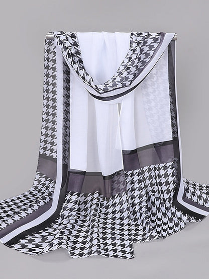 Spring And Summer New Thousand Bird Check Print Chiffon Long Silk Scarf for Women