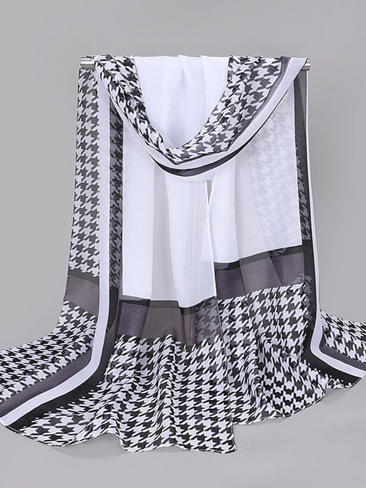 Spring And Summer New Thousand Bird Check Print Chiffon Long Silk Scarf for Women