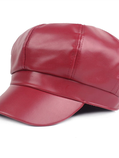 PU Beret Spring Autumn Winter Black Newsboy British Vintage Street Painter's Hat Wine Red Hat Simple Style Berets Octagonal Hat for Women