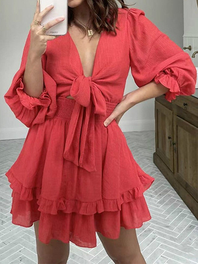 A Line Dress Mini Dress Black White Pink Long Sleeve Pure Color Lace up Summer Spring V Neck Casual Winter Dress Fall Dress  S M L XL for Women