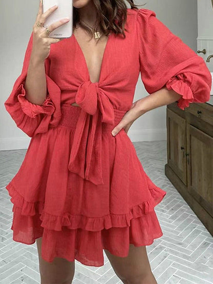 A Line Dress Mini Dress Black White Pink Long Sleeve Pure Color Lace up Summer Spring V Neck Casual Winter Dress Fall Dress  S M L XL for Women