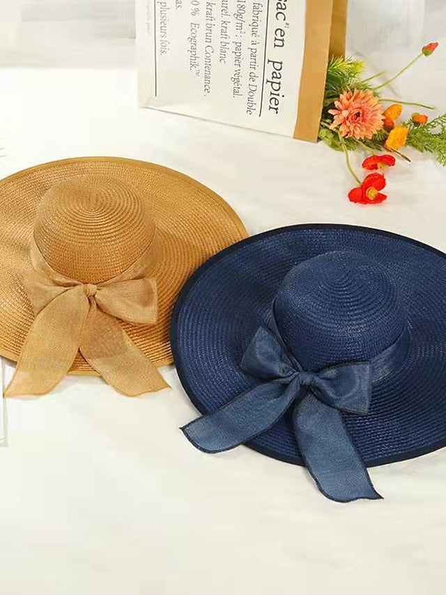 Ladies Summer Ribbon Hats Elegant Straw Hats For Women Beach Seaside Vacation Foldable Sun Hat Sun Floppy Visor for Women