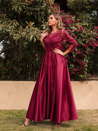 Embroidered Long Sleeve Evening Dress