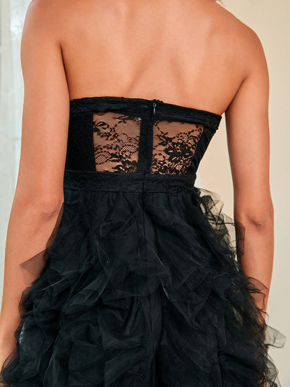 Strapless Netting Sheer Plumage Slit Evening Dress