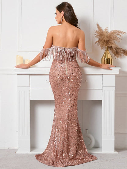Sequined Strapless One-shoulder Evening Dress