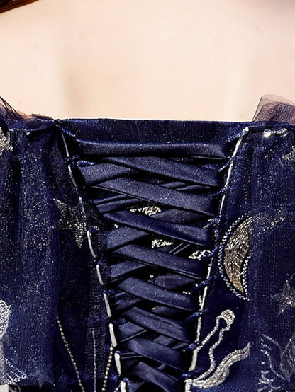 A-Line Fairy Prom Dress Sparkle Party Dress Off Shoulder Short Sleeve Floor Length Tulle with Sequins Embroidery 2023 Bridesmaid Formal Evening