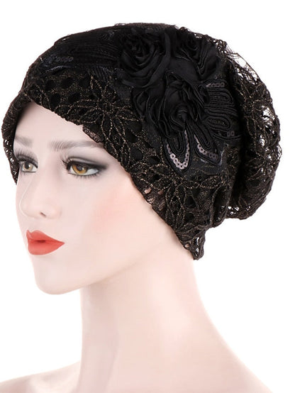 Lady Women Girl Hat Flower Hijab Lace Cotton Beanie Hat Full Headwear Warm Autumn Winter Lace Flower Casual Turban Cap for Women