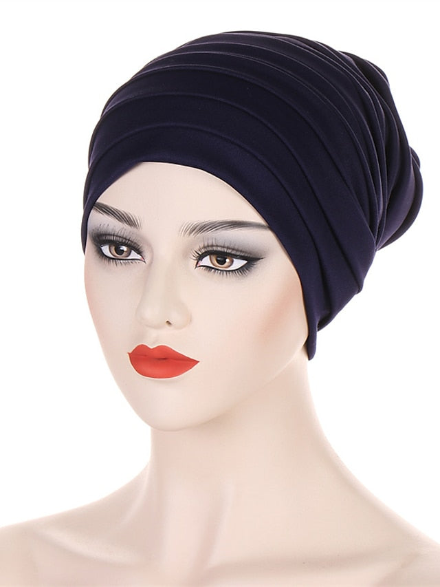 Candy Color Ladies Head Wraps Muslim Hijab Bonnets Fashion Headgear Trendy Elastic Full Body Pleated Turban Cap for Women for Women