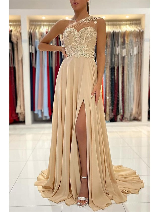 A-Line Prom Dresses Sexy Dress Formal Court Train Sleeveless One Shoulder Chiffon with Slit Appliques 2023