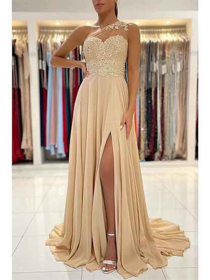 A-Line Prom Dresses Sexy Dress Formal Court Train Sleeveless One Shoulder Chiffon with Slit Appliques 2023