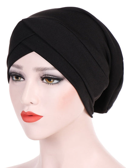 Solid Stretch Fabric Forehead Cross India Cap Turban Hat Women Elastic Turban Muslim Hijab Islamic India Hair Loss Caps Scarf Headwraps for Women