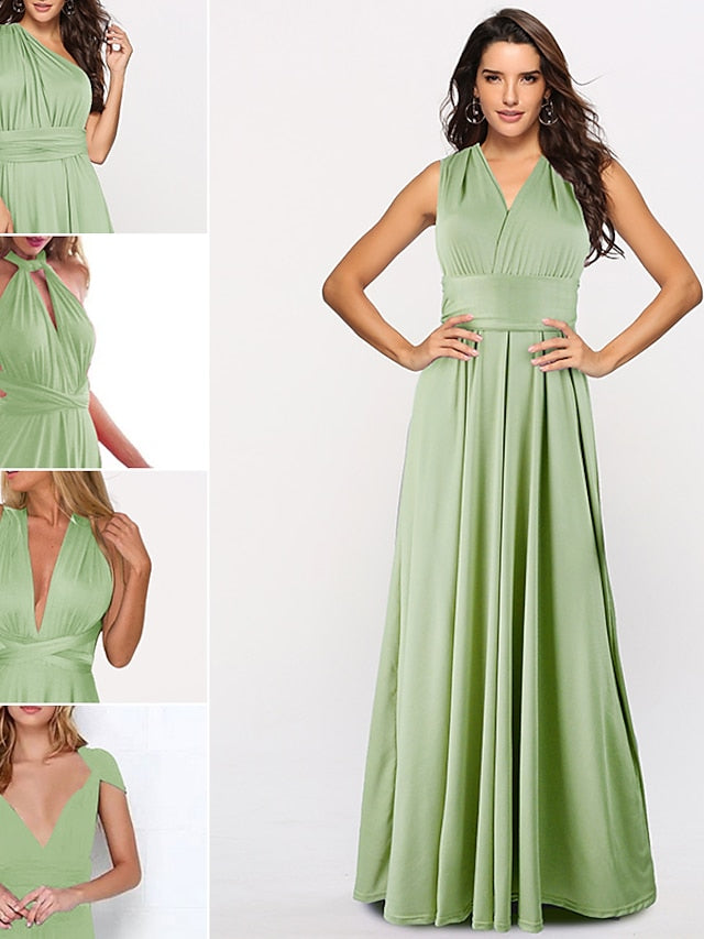 A-Line Bridesmaid Dress Halter / V Neck Sleeveless Convertible Floor Length Spandex with Sash / Ribbon / Pleats 2022