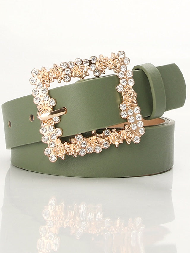 Unisex PU Buckle Belt PU Leather Prong Buckle Crystal Rhinestone Casual Classic Party Daily Green White Black Brown for Women