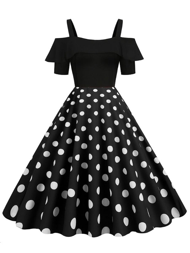 1950s Vintage Vintage Dress Midi Dress Holiday Date Ruched Print Polka Dot Spaghetti Strap Short Sleeve Regular Fit Summer Spring  Black Yellow S M L XL for Women