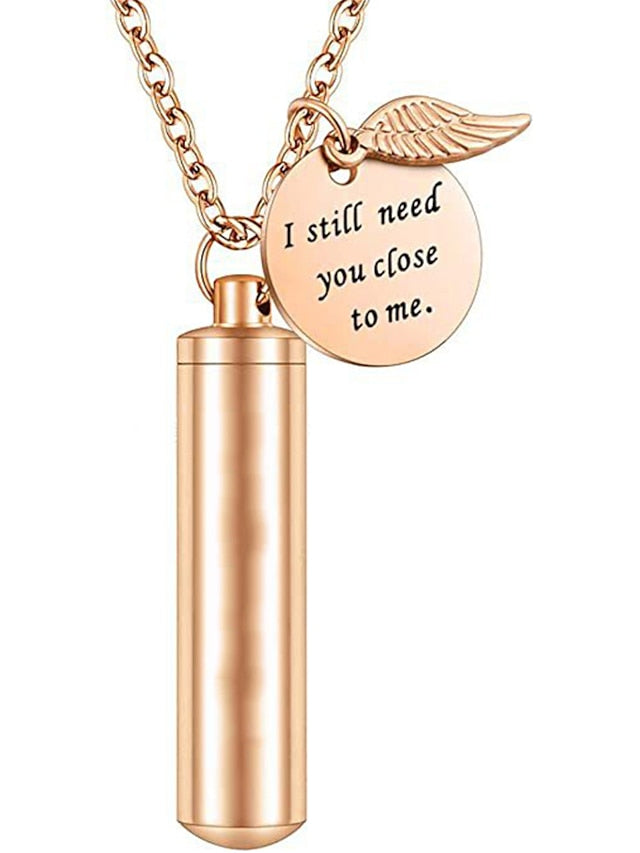 cylinder urn necklace for ashes cremation jewelry/keychain for human pet stainless steel memorial keepsake pendant with angel wing charm ashes jewelry-silver m for Women