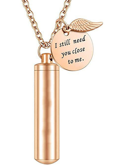 cylinder urn necklace for ashes cremation jewelry/keychain for human pet stainless steel memorial keepsake pendant with angel wing charm ashes jewelry-silver m for Women