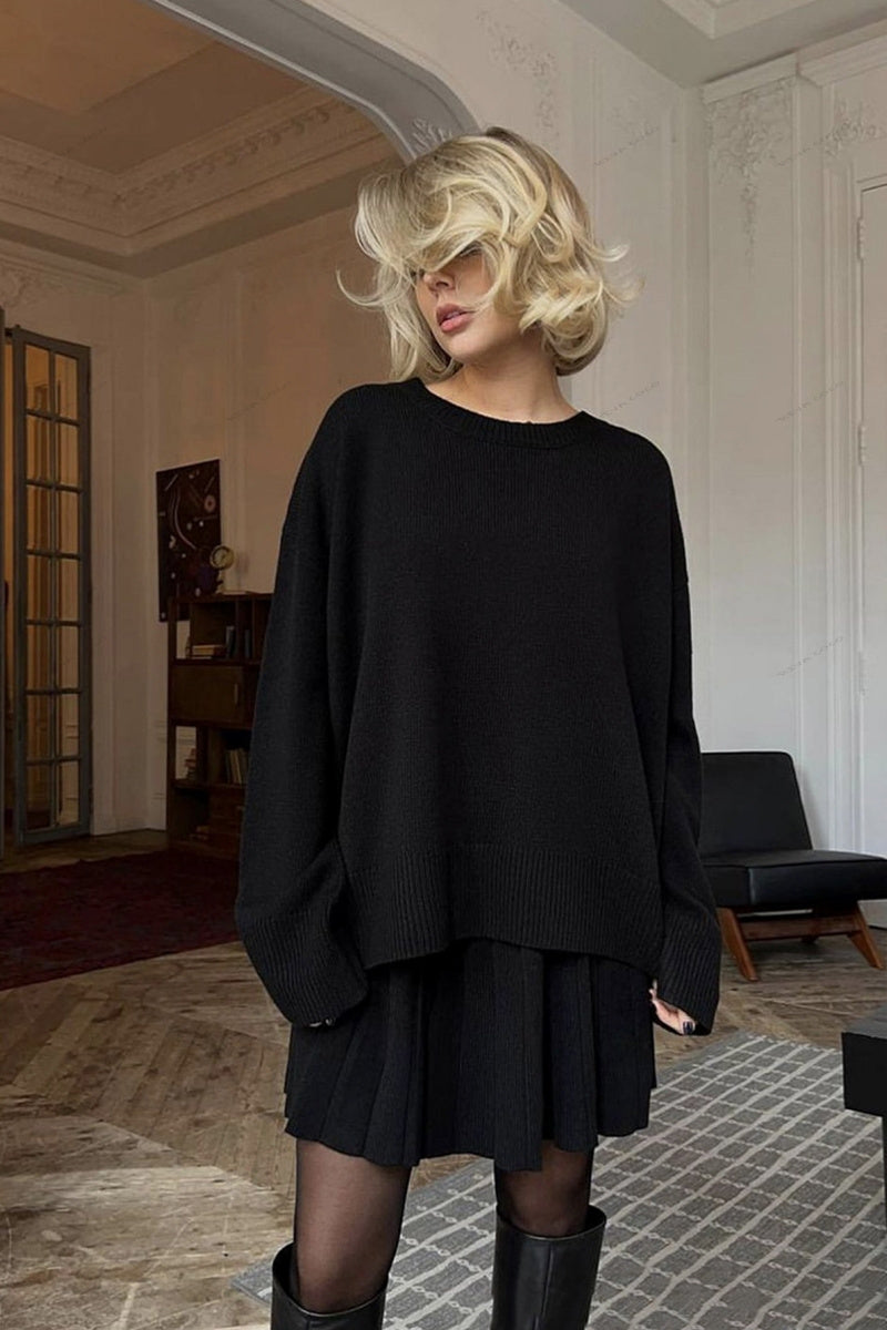 Conjunto de suéter de cuello redondo y falda plisada de color liso