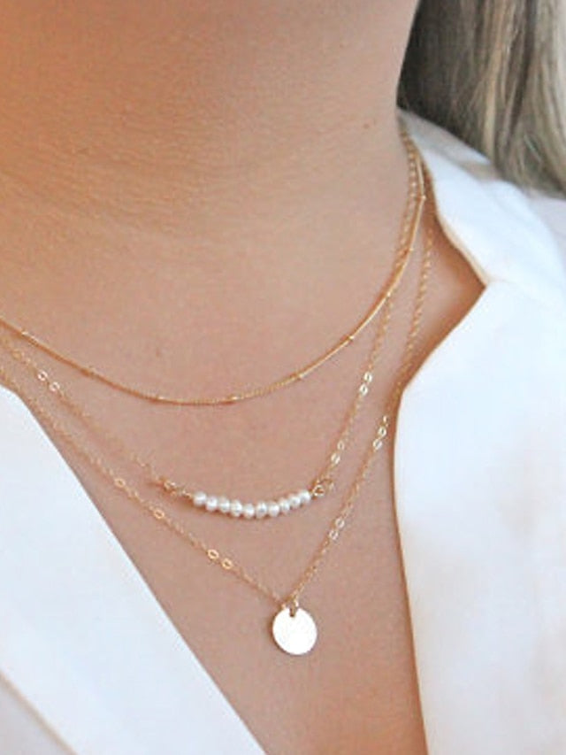 1PC Necklace  Layered Choker Necklace Handmade 14K Gold Plated Y Pendant Necklace Multilayer Bar Disc Necklace Adjustable Layering Choker Necklaces for Women for Women