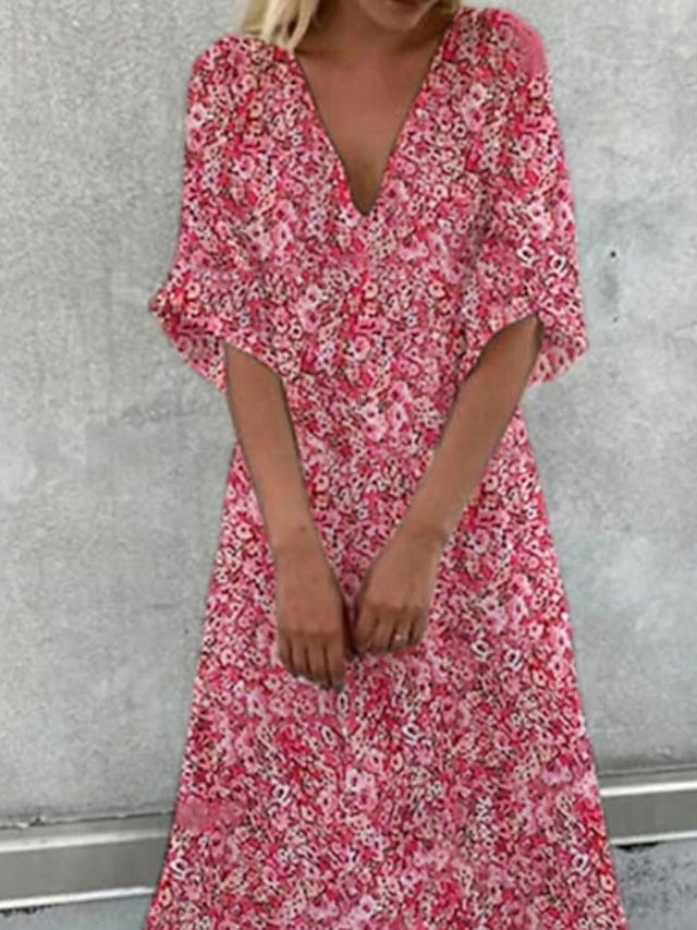 A Line Dress Maxi long Dress Pink Short Sleeve Floral Print Ruched Swing Dress Spring Summer Dress V Neck Romantic Vacation  S-3XL for Women