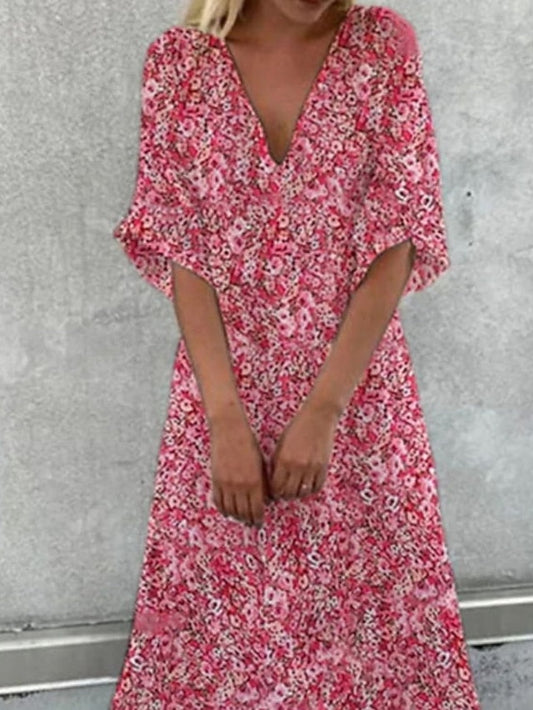 A Line Dress Maxi long Dress Pink Short Sleeve Floral Print Ruched Swing Dress Spring Summer Dress V Neck Romantic Vacation  S-3XL for Women