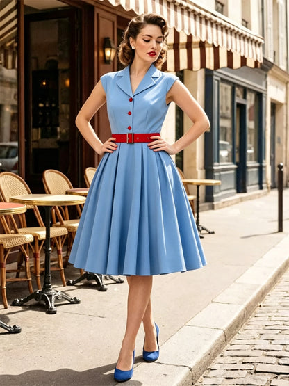 Women's 1950s Vintage Swing Dress Sleeveless Collared A-Line Tea Party Dress