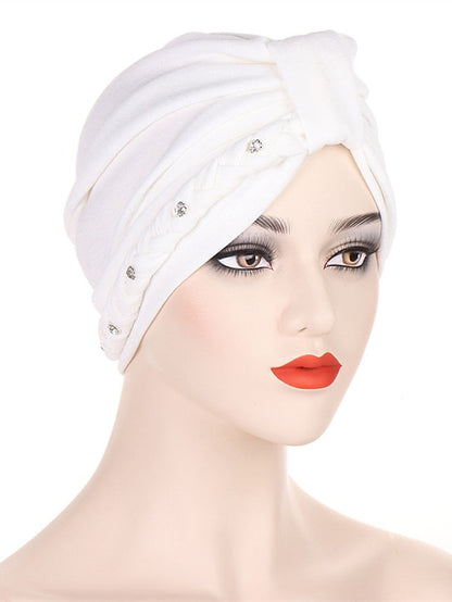 1PCS Trendy Two Dress Braid Turban Cap for Women with Crystal Muslim Head Wrap Islam Hijab Bonnet Hair Care Hat for Women