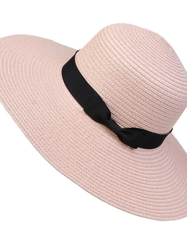 Hat Straw Hat Black Pink Khaki Outdoor Daily Holiday Braided Bow Pure Color Portable Sun Protection Breathable for Women