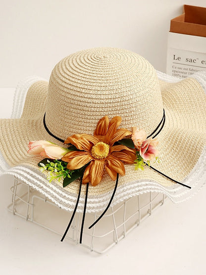 Sun Hat Straw Hat Daily Holiday Flower / Plants Straw Lace Vacation Beach Sunscreen 1 pcs for Women