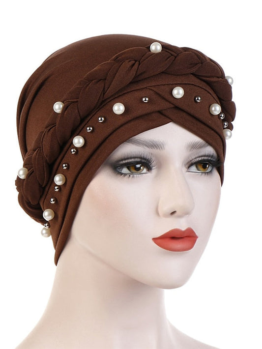 Women Fashion Pearls Muslim Scarf Hijabs Hat Women India Hat Solid Turban Hat Wrap Cap Head Scarf Headscarf Hat Female Hair Accessories for Women