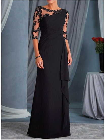 A-Line Mother of the Bride Dress Plus Size Bateau Neck Floor Length Chiffon Lace Half Sleeve with Draping Appliques 2023