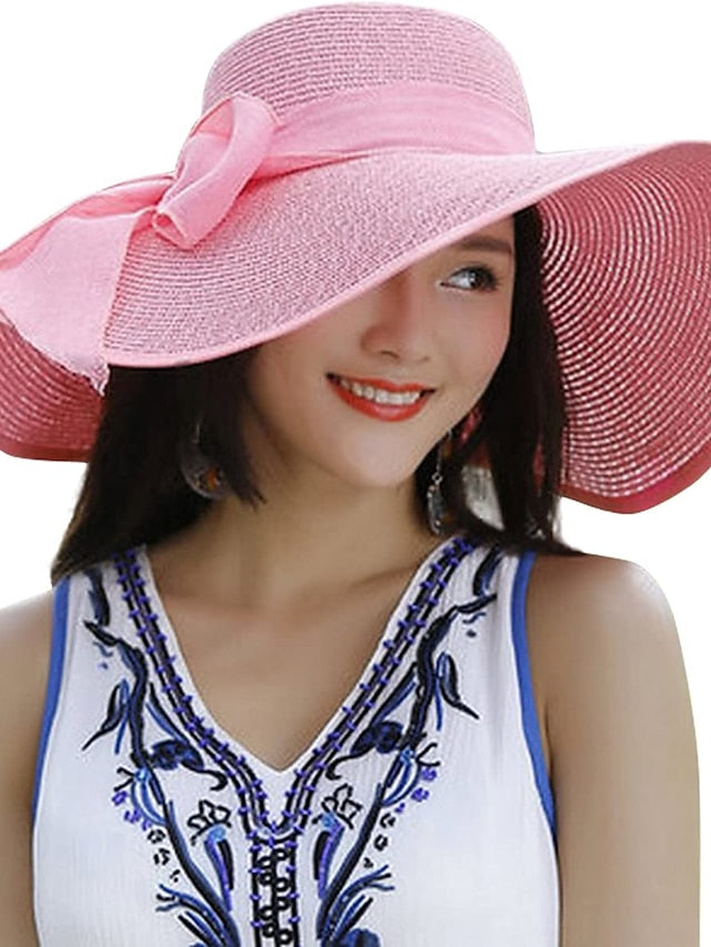 1 pcs 5.5 Inches Big Bowknot Straw Hat Large Floppy Foldable Roll up Beach Cap Sun Hat UPF 50 for Women