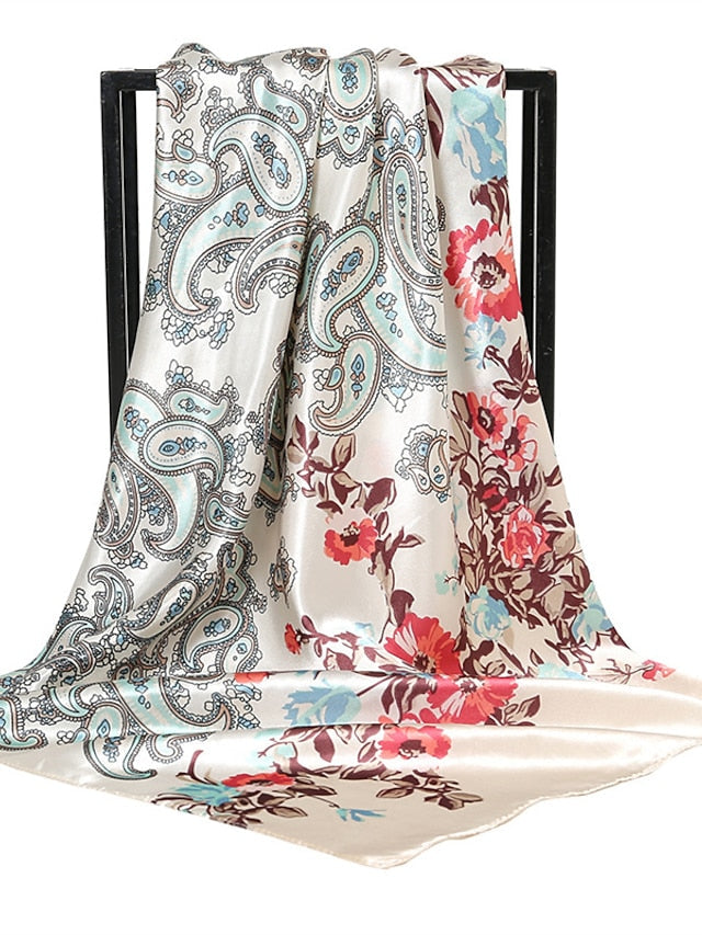 1pcs 90*90cm New Flower Square Silk Scarf Women Print Hijab Headband Wraps Muslim Headscarf Bandana for Women