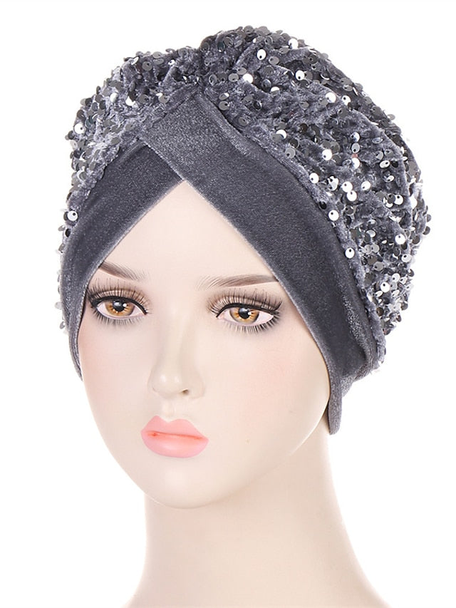 Velvet Sequins Turban Caps For Women Muslim Headscraf Bonnet Femme Musulman Islamic Head Wraps African Indian Hat Protective Hair Cover for Women