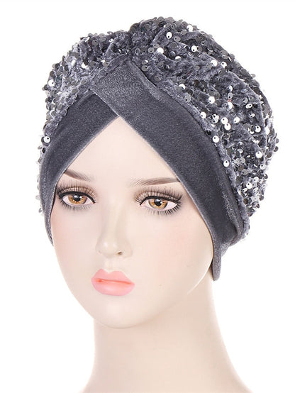 Velvet Sequins Turban Caps For Women Muslim Headscraf Bonnet Femme Musulman Islamic Head Wraps African Indian Hat Protective Hair Cover for Women