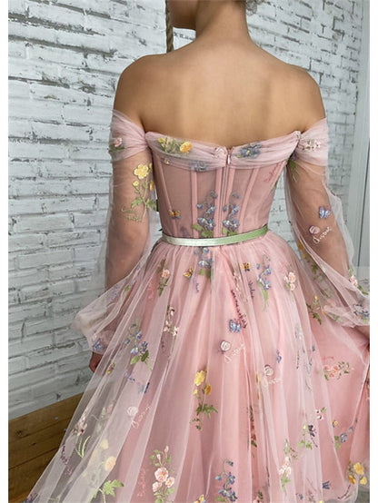A-Line Prom Dresses Floral Dress Wedding Guest Ankle Length Long Sleeve Off Shoulder Lace with Embroidery Appliques 2023