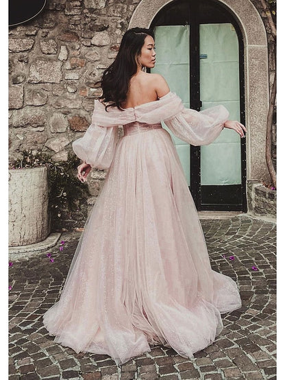 A-Line Prom Dresses Corsets Dress Formal Floor Length Long Sleeve Off Shoulder Tulle with Glitter Ruched Slit 2023