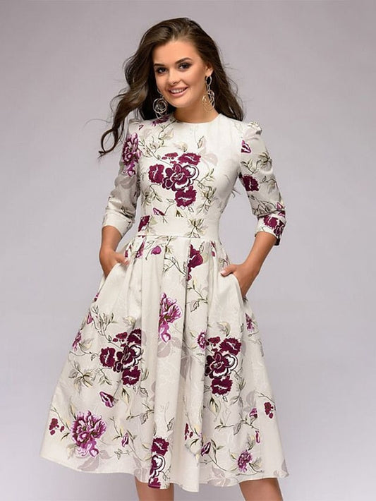 A Line Dress Knee Length Dress Purple / Blue White Dark Blue Red 3/4 Length Sleeve Floral Print Print Fall Spring Round Neck Formal Vintage  S M L XL XXL XXXL for Women