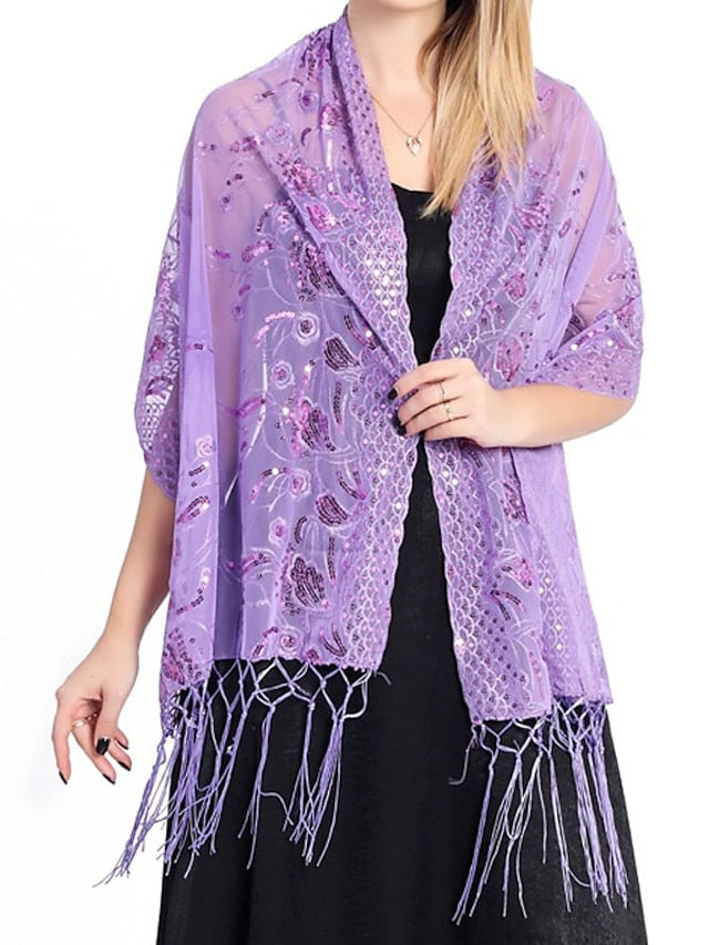 Shawls & Wraps Party Wedding Indoor Light Blue Black White Scarf Embroidered Flower for Women