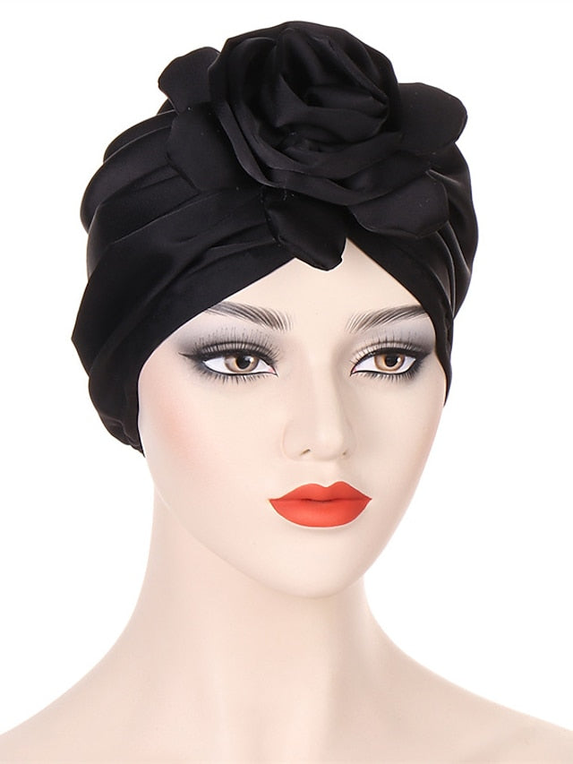 Big Flower Muslim Women Turban Satin Head Wrap Hijab Sleep Night Hat Hair Care Cap Indian Elastic Beanie Ladies Hair Loss Headwear for Women
