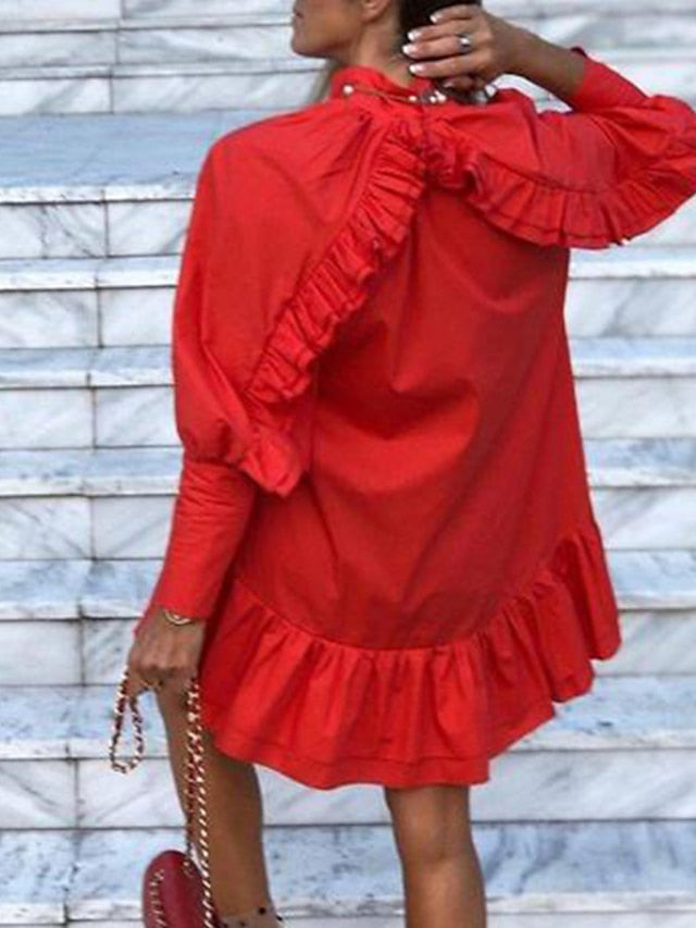 A Line Dress Tiered Dress Mini Dress Black White Red Long Sleeve Pure Color Ruffle Fall V Neck Casual Winter Dress Fall Dress  S M L XL XXL 3XL for Women