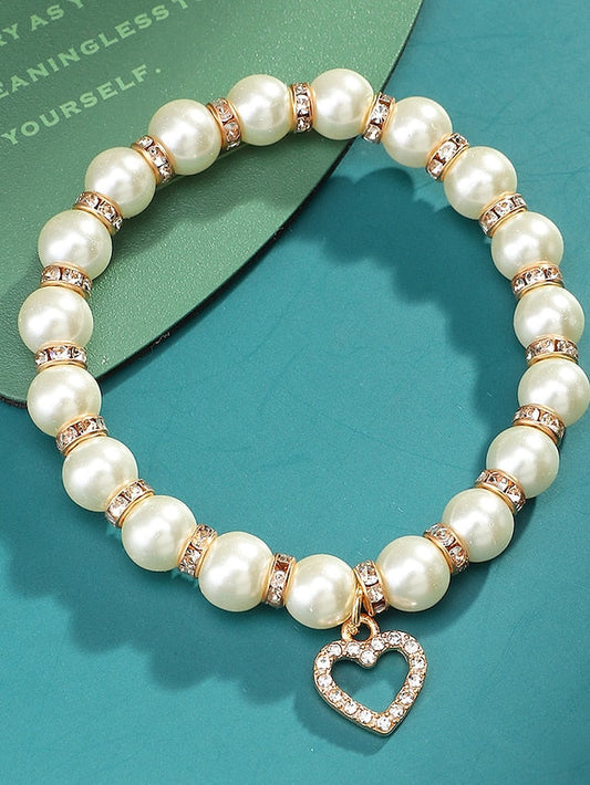 1PCS Heart Pearl Reinstone Shiny Luxury Elegant Bracelet Jewelry Gold For Wedding Party Evening Gift Mother's Day Festival for Women