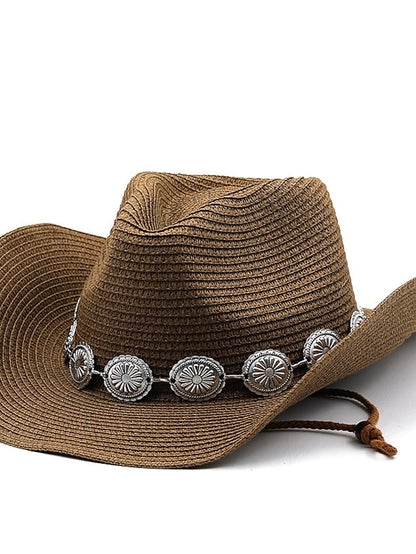 New Summer Men Women Straw Hollow Western Cowboy Hat Elegant Lady Punk Cowgirl Outdoor Jazz Beach with Adjustable Rope Sun Hat for Women