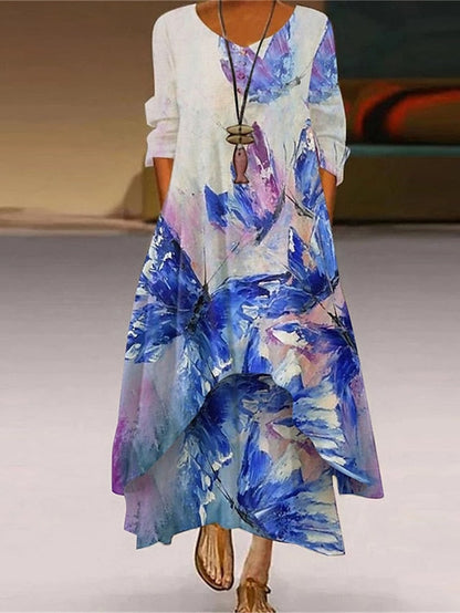 Abstract Portrait Floral Long Dress Maxi Dress Casual Dress Shift Dress Print Dress Fashion Streetwear Outdoor Daily Weekend Pocket Print Long Sleeve V Neck Dress Loose Fit Yellow Red Blue for Women