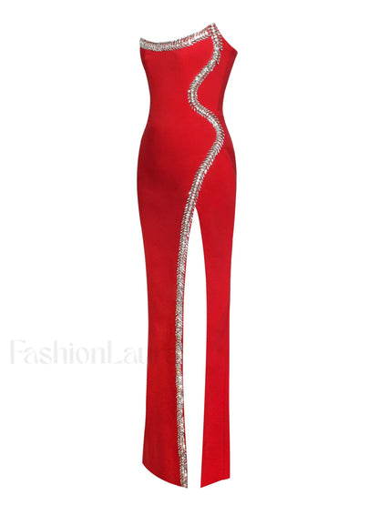 Xoana Red Crystal Charming Embellished High Slit Gown