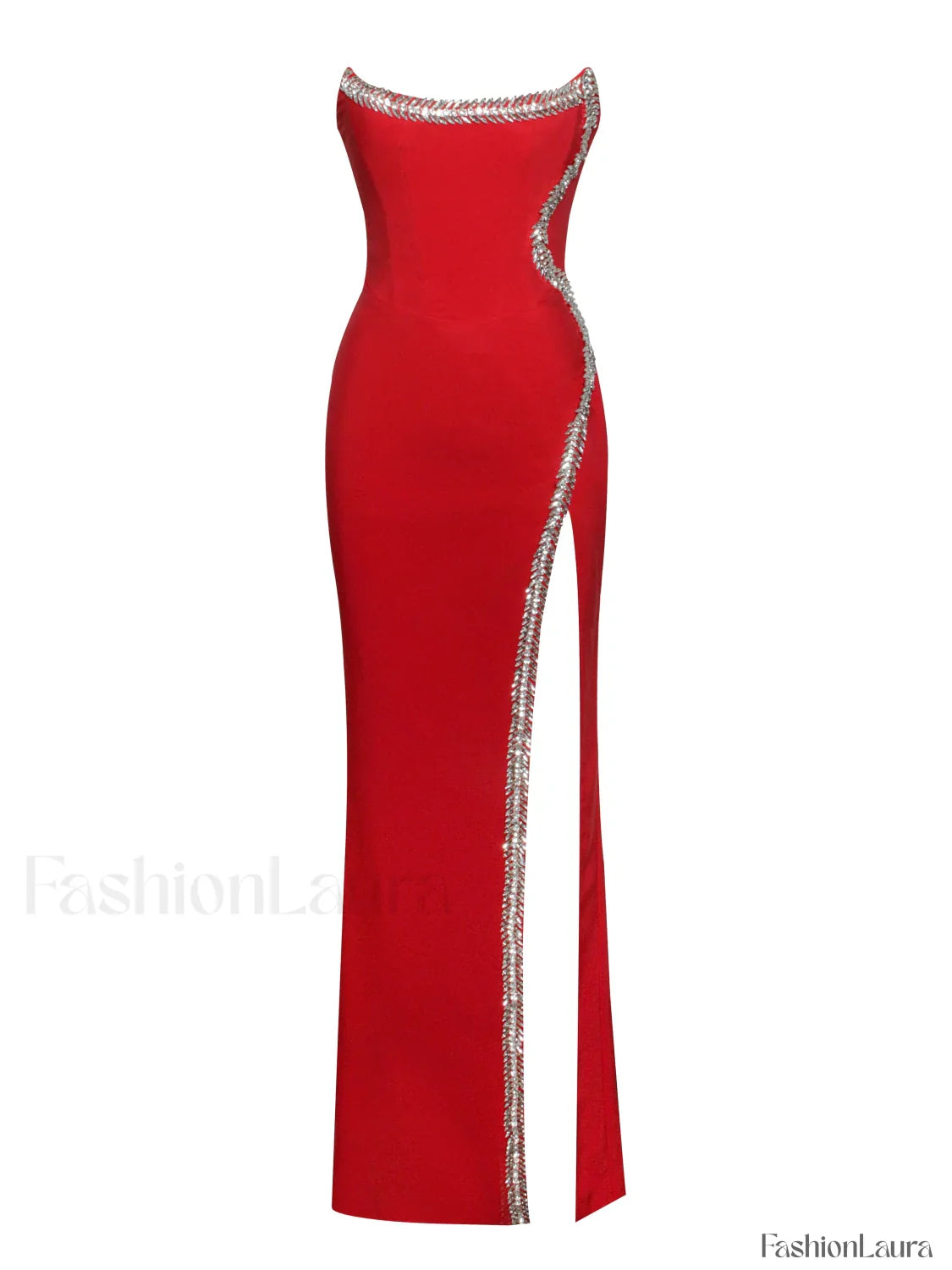 Xoana Red Crystal Charming Embellished High Slit Gown