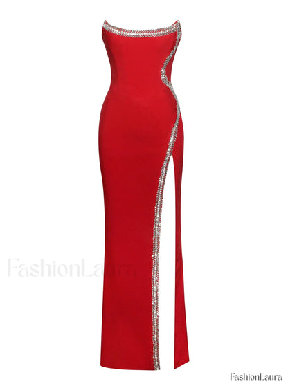 Xoana Red Crystal Charming Embellished High Slit Gown