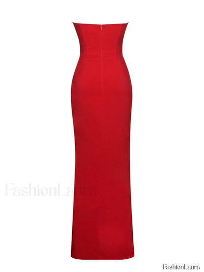 Xoana Red Crystal Charming Embellished High Slit Gown